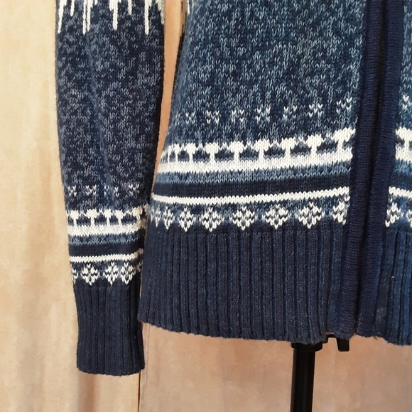 Vintage Blue & White Front Zip Sweater Cardigan Nordic Snowflake Ramie Cotton S - Picture 3 of 12